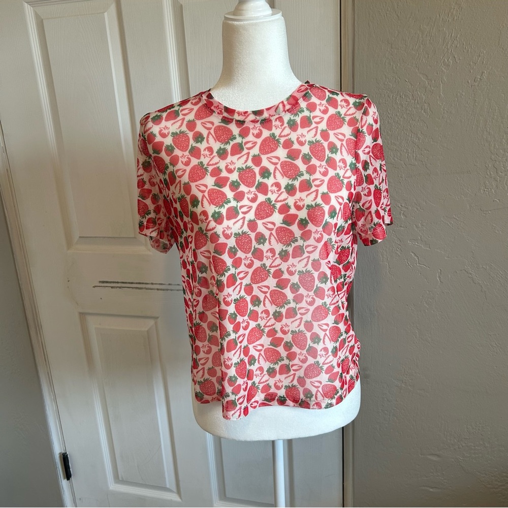 Anthropologie Porridge Strawberry mesh sheer Patterned Blouse short sleeve top - Picture 4 of 7
